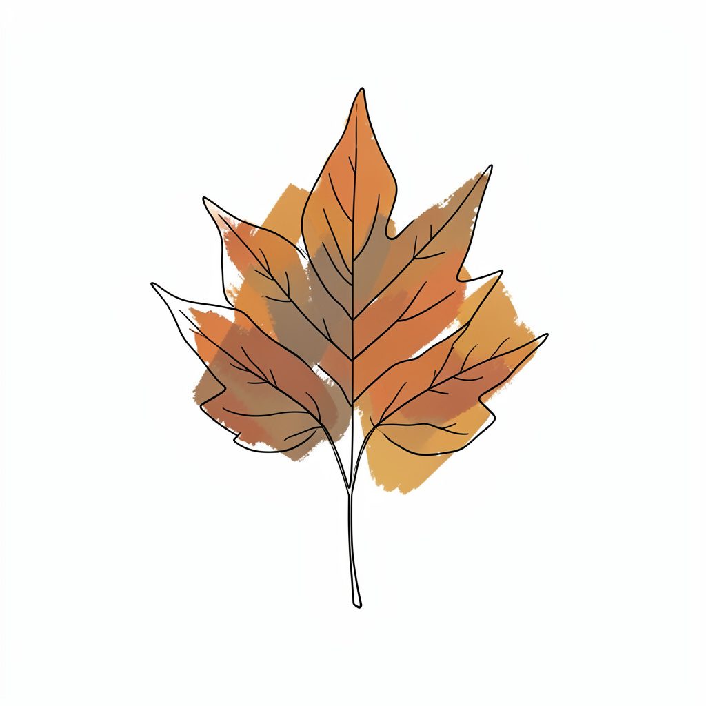 A minimal line drawing of autumn leaves and abstract brushstrokes in warm ochre, burnt orange, and muted brown tones, conveying a creative fall atmosphere.