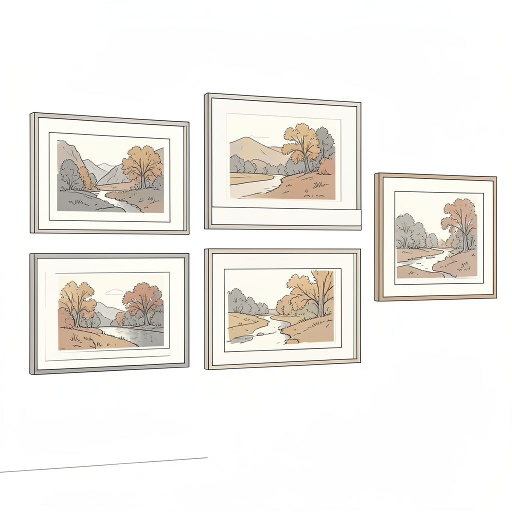 A minimal line drawing of a gallery wall with framed landscape sketches in soft earth tones, warm grays, and cream, evoking a quiet art exhibition space.