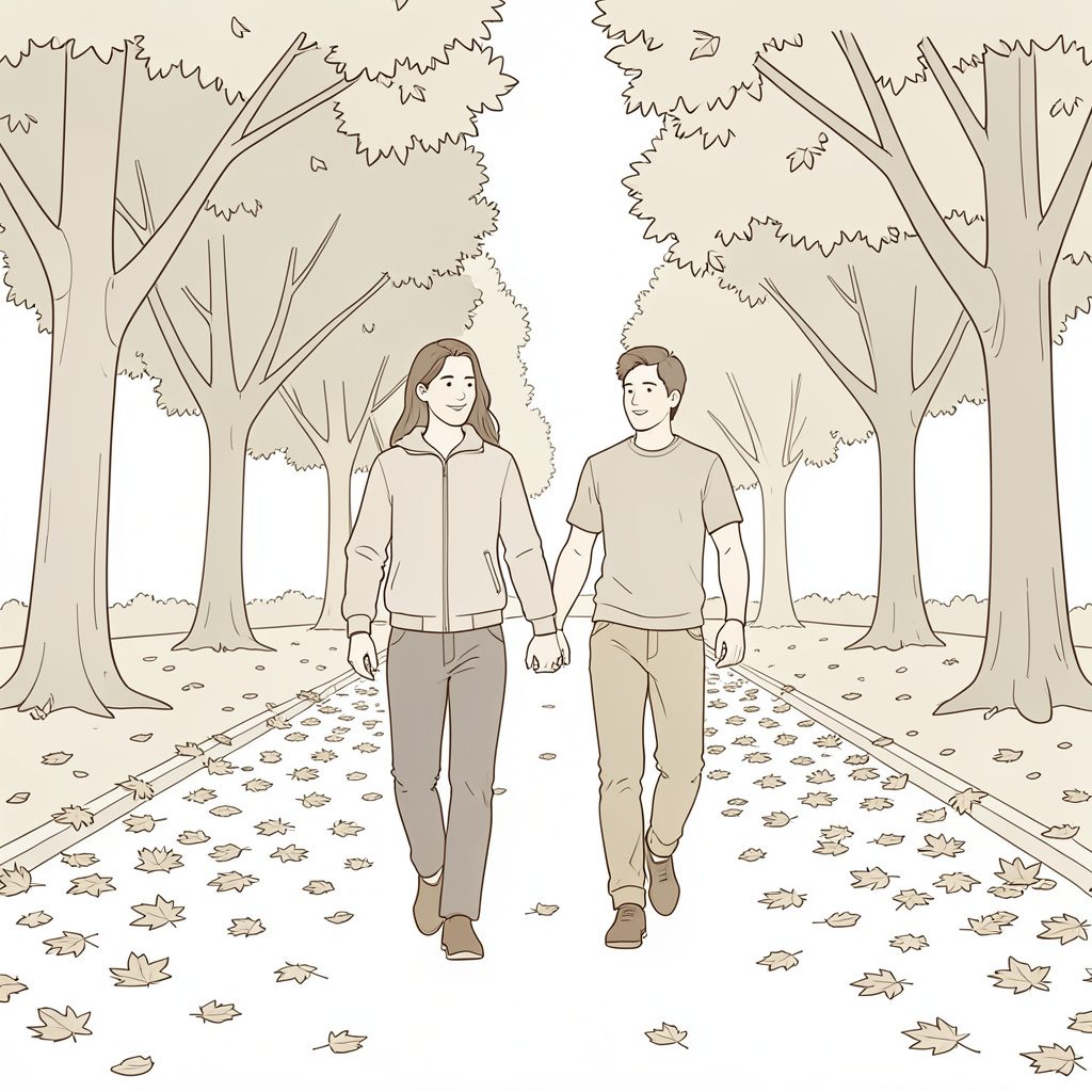 A minimal line drawing of a family walking through a park with fallen leaves, rendered in gentle sepia and warm gray tones, evoking a community autumn outing.